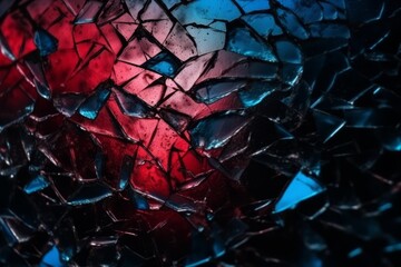 Close-up photo texture of blue and red toned broken and cracked glass on black backdrop. Generative AI