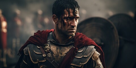 A powerful shot of a Roman centurion in full battle gear, standing resolutely with a commanding view over a military training ground, his face set with determination and leadership - obrazy, fototapety, plakaty