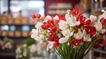 bouquet of red and white freesia flowers close up. Spring Flowers. Freesia. Springtime Concept. Mothers Day Concept with a Copy Space. Valentine's Day.