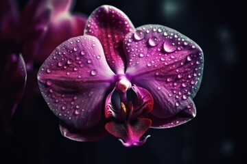 Delicate purple orchid flower with dew drops, close up on dark background. Generative AI