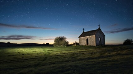 A rural Christian church is located in the middle of a green field. The atmosphere is near dusk and the sky is full of stars.