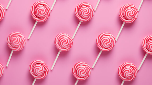 White and pink lollipops on a pink surface