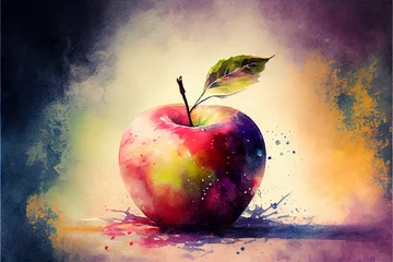 Fotobehang Oil or watercolor paint, apple on a colorful background. AI generated. © serperm73