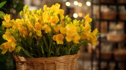 Bouquet of yellow freesia flowers. Spring Flowers. Freesia. Springtime Concept. Mothers Day Concept with a Copy Space. Valentine's Day.