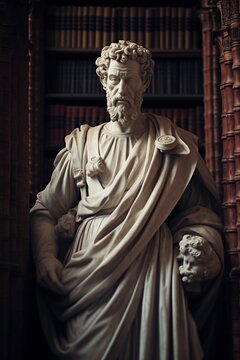 A solemn midrange portrait of a stoic philosopher, clad in a philosopher's robe, lost in contemplation amidst the grandeur of a Roman library, symbolizing wisdom and thought