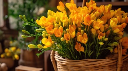 Naklejka na ściany i meble Bouquet of yellow freesia flowers. Spring Flowers. Freesia. Springtime Concept. Mothers Day Concept with a Copy Space. Valentine's Day.