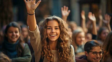 As they raise their arms to respond to a teacher's question, engaged students.