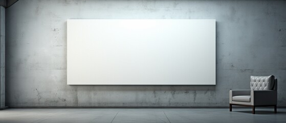 A modern museum's white wall features a blank space for your design surrounded by an empty black...