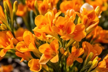 Orange crocuses in the garden, close up shot with shallow depth of field. Spring Flowers. Freesia. Springtime Concept. Mothers Day Concept with a Copy Space. Valentine's Day.