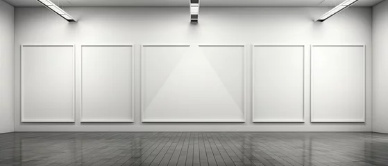 Fotobehang A modern museum's white wall features a blank space for your design surrounded by an empty black frame. one modern art exhibition. © tongpatong