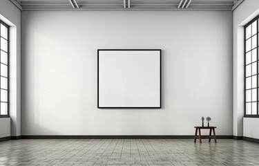 A modern museum's white wall features a blank space for your design surrounded by an empty black frame. one modern art exhibition. - Powered by Adobe