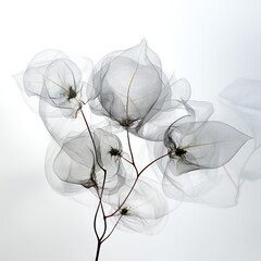 Abstract gentle natural transparent leaves, branches, flowers, with a cyber silverpoint impression. Great as wallpaper, background. Generative AI, AI