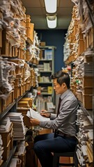 Searching cabinet shelves for criminal case documentation, an Asian private investigator works in the archive repository office..