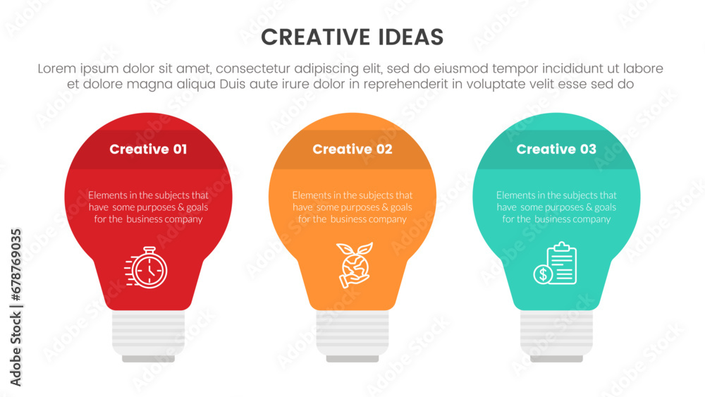 Poster creative idea concept infographic 3 point stage template with horizontal lightbulb shape with icon f