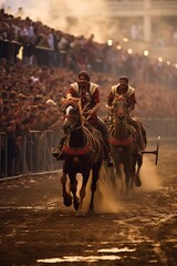 The final, decisive moments of a chariot race in the Circus Maximus