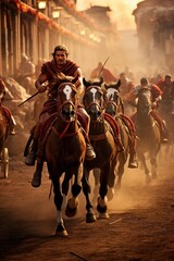 The final, decisive moments of a chariot race in the Circus Maximus