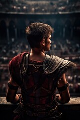 The intense eyes of a young gladiator, newly arrived at the Colosseum, reflect both fear and bravery as he gazes upon the grand arena for the first time, realizing the enormity of the challenge ahead