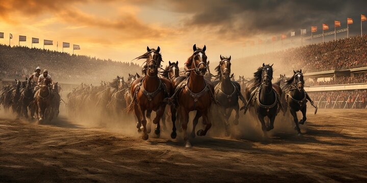 The final, decisive moments of a chariot race in the Circus Maximus