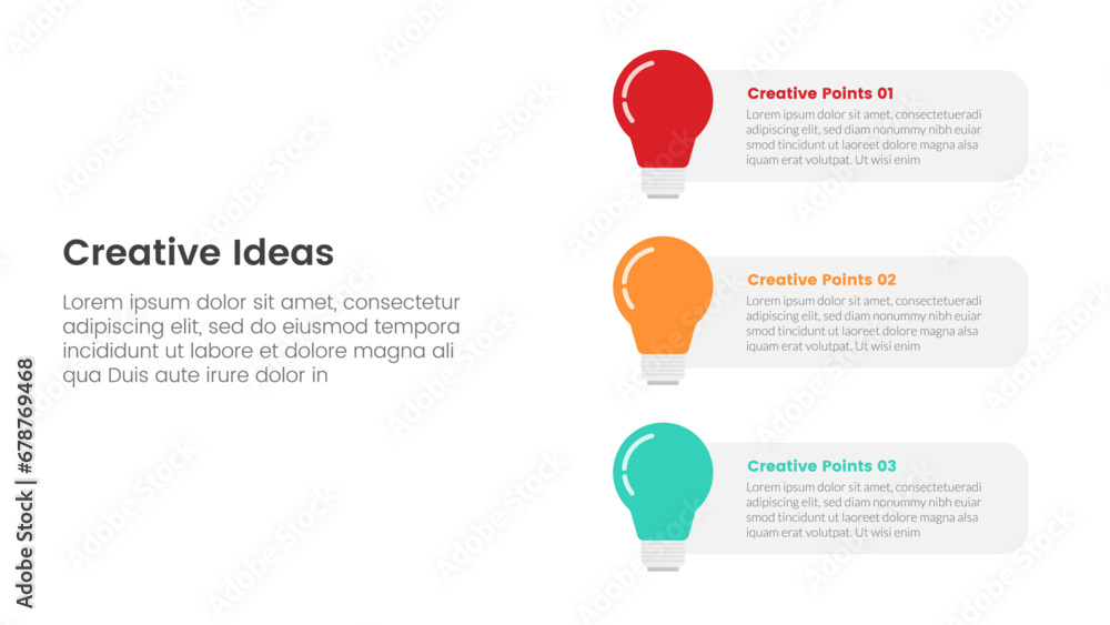 Poster creative idea concept infographic 3 point stage template with vertical stack lightbulb right column 
