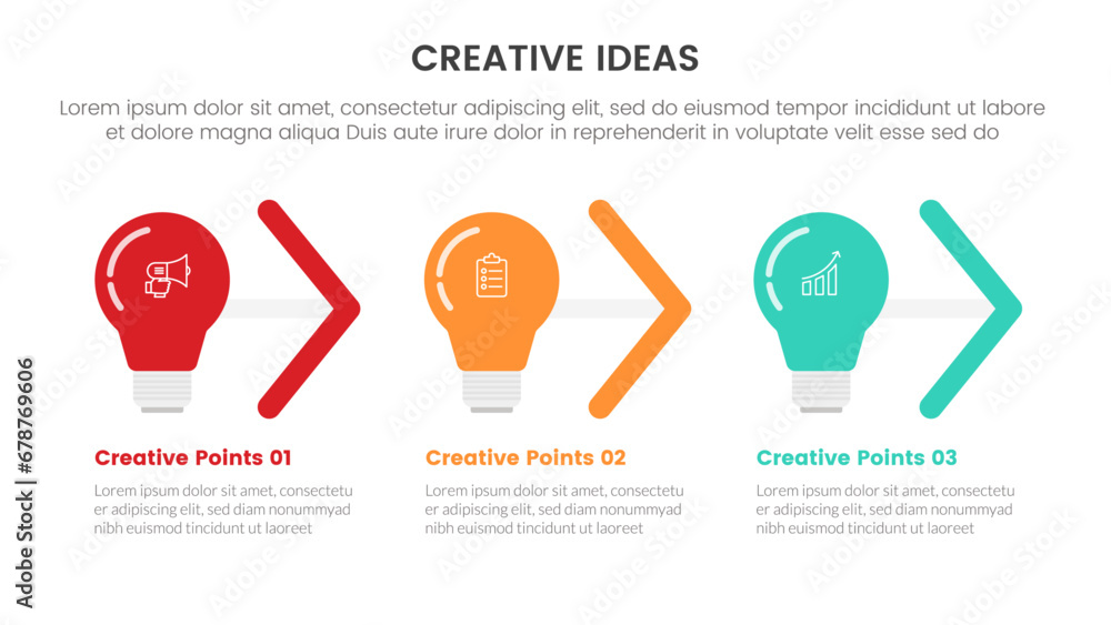 Poster creative idea concept infographic 3 point stage template with lightbulb and arrow right direction fo