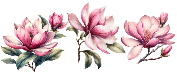 Watercolor illustration of magnolia flowers, for wedding cards, romantic prints, fabrics, textiles and scrapbooking. Generative AI. - obrazy, fototapety, plakaty