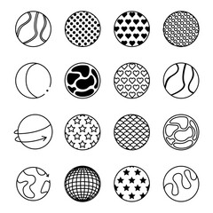 16 different styled circle icons. Vector stickers of different logos and tattoo ideas. Illustration signs collection: decorative hearts, dots, moon logo, lines, stars, planet logo, earth