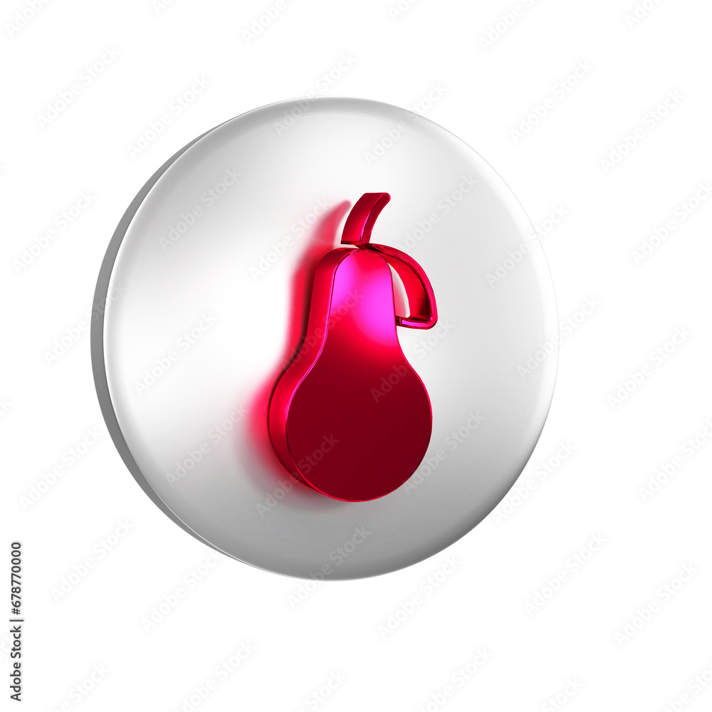Poster red pear icon isolated on transparent background. fruit with leaf symbol. silver circle button.