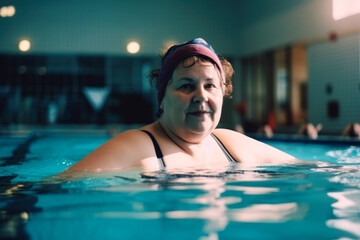 Fat chubby senior woman swims in the pool, close-up portrait in the water - obrazy, fototapety, plakaty