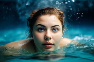 Fat chubby plus size woman swims in the pool, close-up portrait in the water