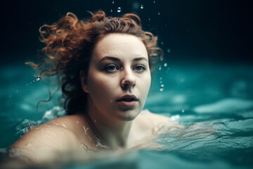 Naklejka premium Fat chubby plus size woman swims in the pool, close-up portrait in the water