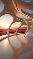 futuristic, contemporary area. Room design that is bionic. In the twilight, a clear, void illuminated by circular windows. sundown, flare light,.
