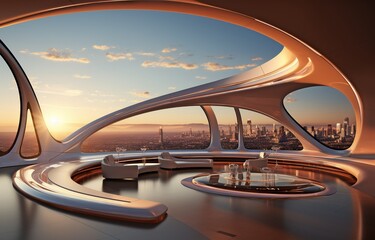 Fototapeta premium futuristic, contemporary area. Room design that is bionic. In the twilight, a clear, void illuminated by circular windows. sundown, flare light,.