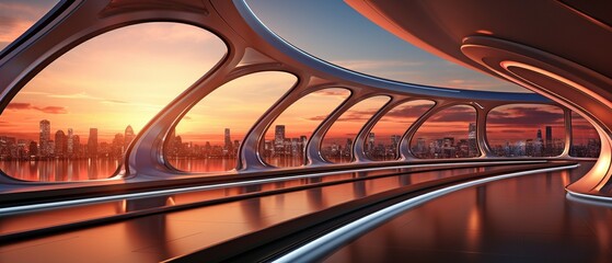 futuristic, contemporary area. Room design that is bionic. In the twilight, a clear, void illuminated by circular windows. sundown, flare light,.