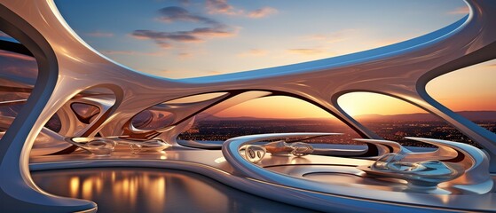 futuristic, contemporary area. Room design that is bionic. In the twilight, a clear, void illuminated by circular windows. sundown, flare light,.