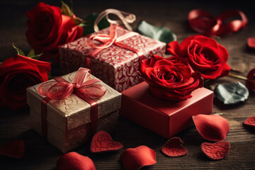 Obraz na płótnie Canvas Valentine's day gift box and red roses, beautiful flowers for your beloved