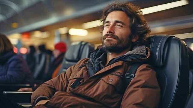 An airport man is stranded. Picture of a bearded, hippie-style-dressed traveller dozing off on his travel rucksack at the airport waiting area while seated in a black chair .