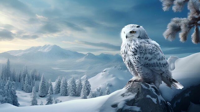 AI generated illustration of a bald eagle on a rocky outcrop in front of a snow-capped mountain