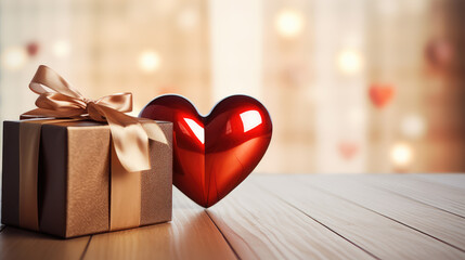 A heart and giftbox on a table, creating a perfect setting for love celebrations. Ideal for Valentine's Day or anniversary-themed projects. - obrazy, fototapety, plakaty