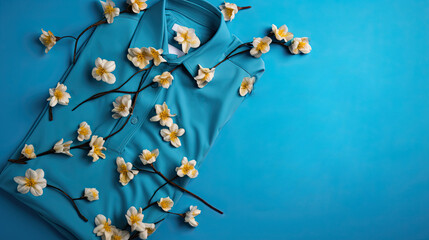Shirt on a blue floral background. Blank space for promotional text or discount.