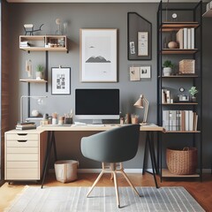A functional home office with a desk, chair, and storage space