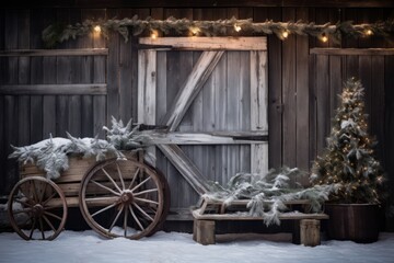 Obraz premium A charming Christmas scene featuring an antique wooden sled next to a snow-covered barn
