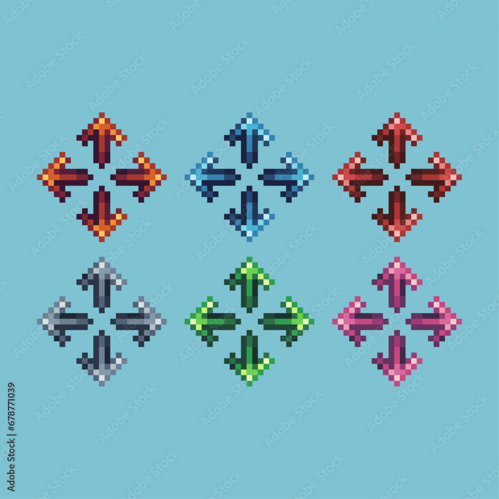 Poster pixel art sets of arrow full screen with variation color item asset. full screen on pixelated style.