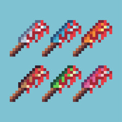  Pixel art sets of bloody knife with variation color item asset.Bloody knife on pixelated style. 8bits perfect for game asset or design asset element for your game design asset