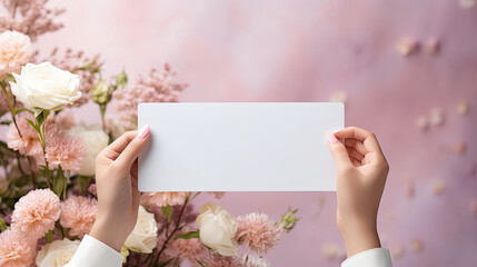 Female hands holding a blank white flyer on roses bouquets background of a flower shop. Free space for advertising text.