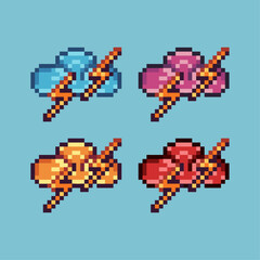  Pixel art sets of golden cloudy thunder with variation color item asset. Cloud thunder on pixelated style. 8bits perfect for game asset or design asset element for your game design asset