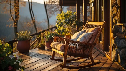 Rocking chair on a wooden cottage's patio in the warm sunlight .