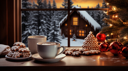 Obraz na płótnie Canvas Festive Cabin Scene with Hot Cocoa and Cookies