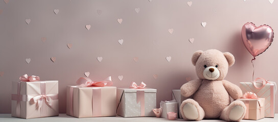 Osito de peluche sobre fondo con corazones, con espacio vacio para texto, en tonos rosas y blancos, con cajas de regalos . Concepto de celebraciones, San Valentin, aniversarios, cumpleaños - obrazy, fototapety, plakaty