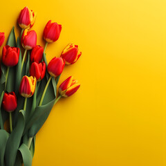 Holiday banner with red tulips. Spring flowers on yellow background with copy space. Greeting card for Valentine's Day, Woman's Day and Mother's Day holidays. Flat lay, banner size