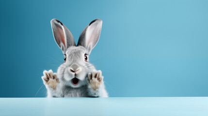 Fototapeta na wymiar Funny Easter bunny on a blue background.